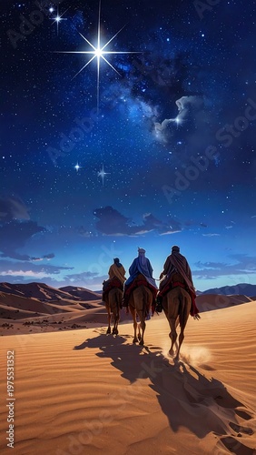 Three figures on camels in desert under starry night sky