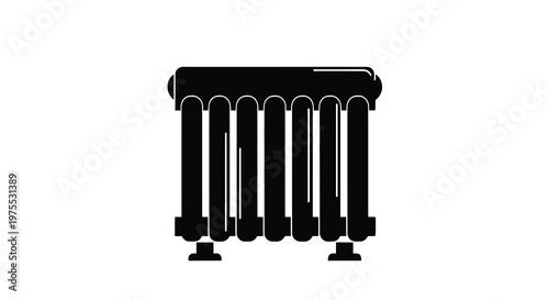 A stark black silhouette depicts a vintage style cast iron radiator with vertical fins high quality