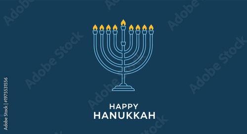 Happy Hanukkah holiday card featuring a simple blue menorah with lit golden candles on a dark navy blue background for the festival of lights.