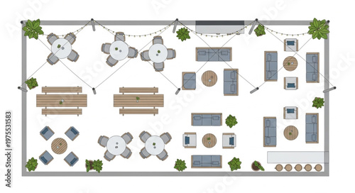 Overhead view of outdoor event space layout with furniture.