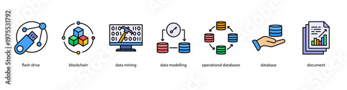 Digital Infrastructure web banner icon vector illustration featuring Flash Drive, Blockchain, Data Mining, Data Modelling, Operational Databases, Database, and Document.