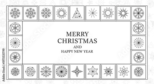 Elegant holiday frame featuring various geometric star and snowflake designs to wish a merry christmas and a happy new year to everyone.