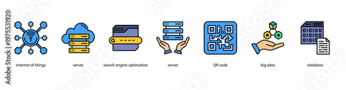 Smart Data Solutions web banner icon vector illustration featuring Internet of Things, Server, Search Engine Optimization, QR Code, Big Data, and Database.