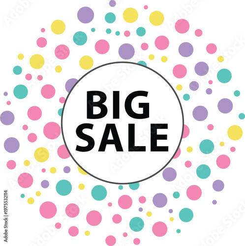 Big sale promotional banner with colorful confetti dots and a central white circle for text.
