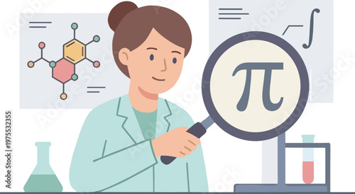 Woman in lab coat examines math symbol with magnifying glass closely.