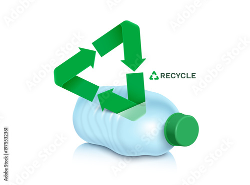 3D plastic bottle with green recycle symbol icon on white background Plastic waste management environmental conservation and eco-friendly packaging concept for sustainability and zero waste