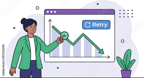 A woman presents a fluctuating graph on a screen in an office.