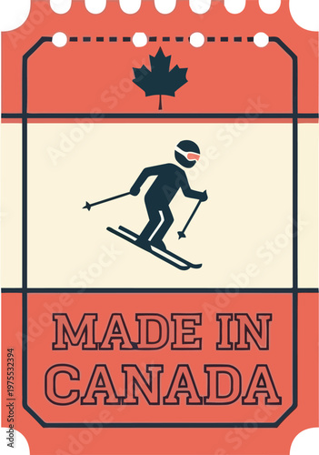 Vintage Ticket Design Featuring Canadian Maple Leaf and Alpine Skier Icon Made In Canada Label