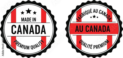 Set of Made in Canada and Fabriqué au Canada Premium Quality Round Vector Badge Labels