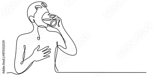 A single continuous line drawing of a person drinking water from a glass with a hand on the chest Vector, illustration