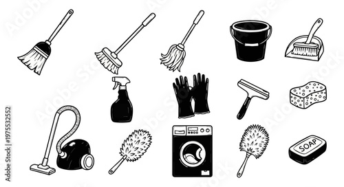 Cleaning tools collection monochrome illustrations vector graphics