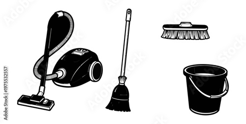 Cleaning tools isolated on black background for design and advertising