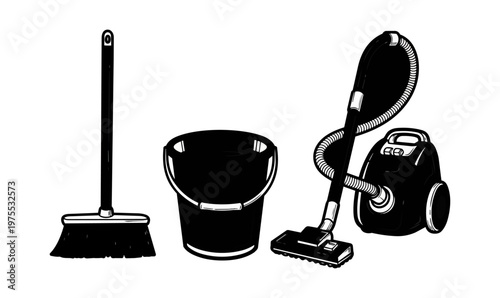 Cleaning tools set on black background broom bucket and vacuum cleaner