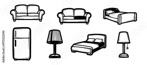 Furniture illustrations sofas beds lamps refrigerator isolated on black