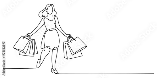 A continuous line drawing of a happy woman carrying several shopping bags after a day of retail Vector, illustration
