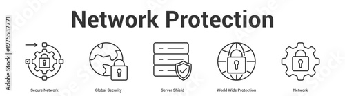 Network Protection web banner icon set vector illustration concept for business with icon of Secure Network, Global Security, Server Shield, World W.