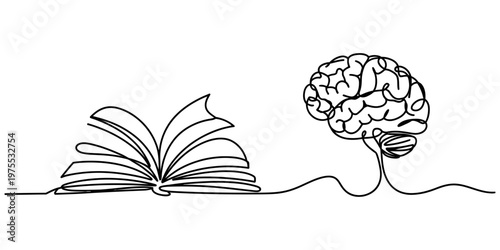 Continuous line drawing of an open book connected to a human brain representing learning process Vector, illustration