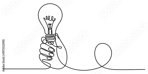 A single continuous line drawing of a human hand holding a light bulb representing new big ideas Vector, illustration
