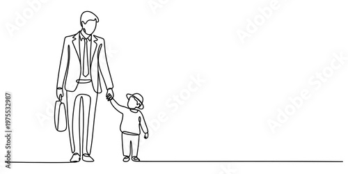 A single continuous line drawing of a professional father walking while holding his childs hand Vector, illustration
