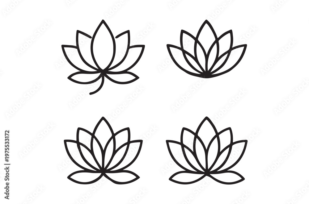 Obraz premium Four stylized lotus flower icons in black outline on a white background