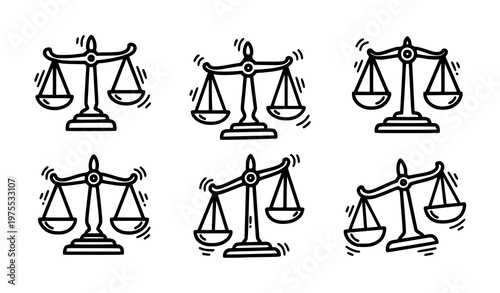 Sticker style balance scales doodle icons bold outline justice symbol vector set