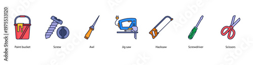 Cutting and Assembly web banner icon vector illustration featuring Paint Bucket, Screw, Awl, Jig Saw, Hacksaw, Screwdriver, and Scissors.