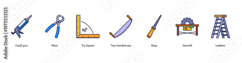 Carpentry Tools web banner icon vector illustration featuring Caulk Gun, Pliers, Try Square, Two Handed Saw, Rasp, Sawmill, and Ladders.
