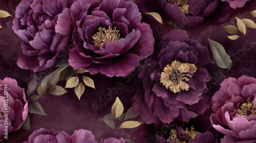 Seamless watercolor pattern with dark plum peonies and golden accents on deep background, luxurious botanical composition