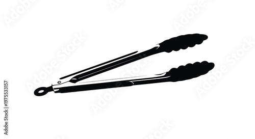 A black and white illustration of a pair of kitchen tongs depicted in a simple style
