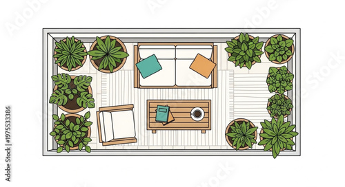 Overhead view of a cozy outdoor patio arrangement.