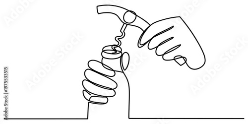 A continuous line drawing showing a hand opening a wine bottle with a simple manual corkscrew tool Vector, illustration
