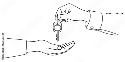 A simple line drawing showing one person handing over a car key to another person in a transaction Vector, illustration