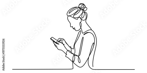 Minimalist single continuous line drawing of a woman looking down at her mobile phone screen now Vector, illustration