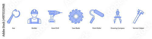 Precision Tools web banner icon vector illustration featuring Axe, Builder, Hand Drill, Saw Blade, Point Roller, Drawing Compass, and Vernier Caliper.