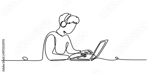 Minimalist continuous line drawing of a person wearing headphones and working on a laptop computer Vector, illustration