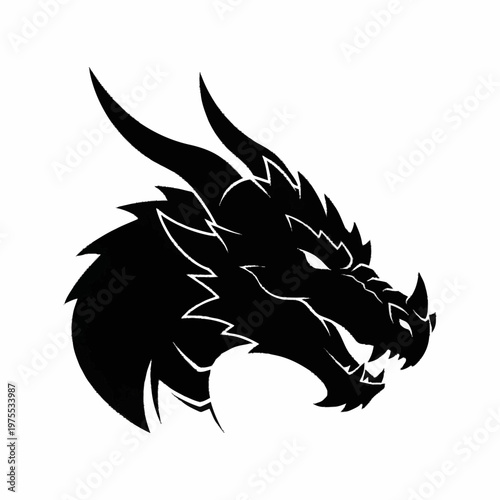 Black dragon head illustration with sharp horns and spikes on a white background, showcasing a fierce and mythical creature in a modern vector graphic design.