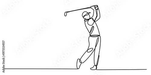 Continuous single line drawing of a golfer swinging a club during a professional sports match Vector, illustration