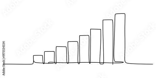 A single continuous line drawing of a bar chart showing a steady upward growth trend over time Vector, illustration