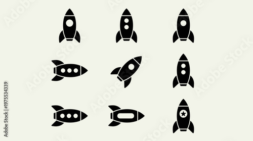 A minimalist grid of nine black rocket silhouettes with varied window designs, symbolizing innovation, exploration, progress, and discovery.
