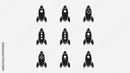 A minimalist grid of nine black rocket silhouettes with varied window designs, symbolizing innovation, exploration, progress, and discovery.