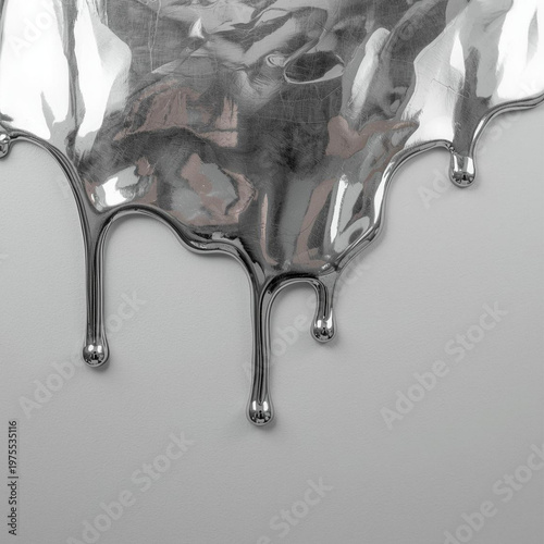 The silver liquid metal is dripping down on a gray background.
