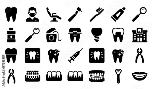 Dental pictogram icons in infographic style with oral care treatment and dentist service symbols