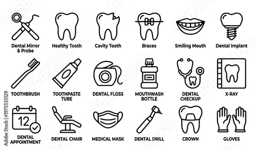 Dental black glyph icons set with tooth dentist tools and oral care symbols vector collection