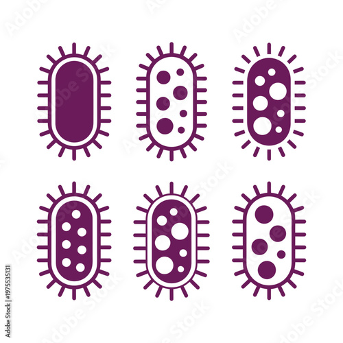 Set of six purple bacteria or germ cells in various states, depicted with different internal structures and outlines.