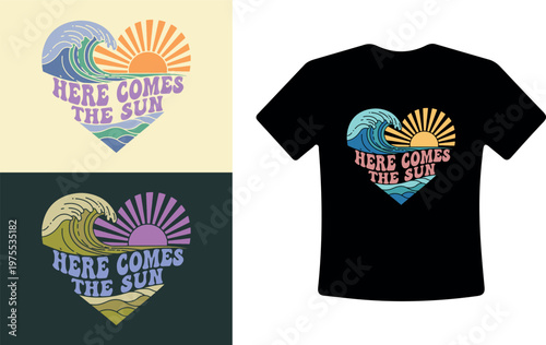 Vibrant Heart-Shaped Surfing Graphic with Here Comes the Sun Text on T-Shirt and Backgrounds