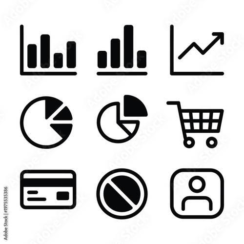 Set of business and finance icons on transparent background, bar charts pie charts shopping cart credit card user.