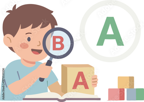 A boy examines a book with a magnifying glass closely