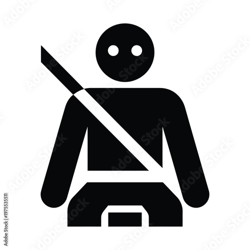Simple black icon of person wearing seatbelt safety symbol for car travel and security caution sign pictogram.