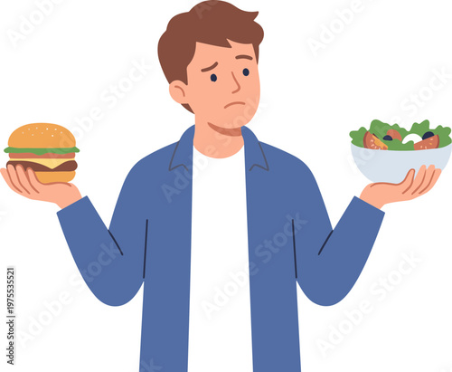 Man choosing between a hamburger and a salad in a dilemma situation