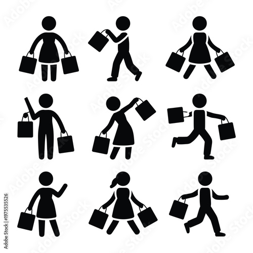 People shopping stick figure collection showing various characters carrying bags walking running and gesturing for retail design.